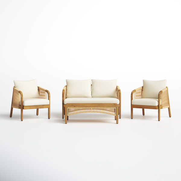 Fiora Outdoor Acacia Wood And Wicker Lounge Seating Group with Cushions